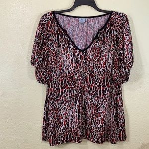 Worthington Top Blouse Animal Print 3X Red Tan Pullover Stretchy Short Sleeve